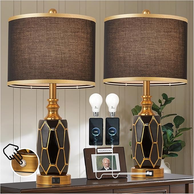 Set of 2 Touch Control Table Lamps for Bedroom Livingroom,Modern Ceramic Table Lamp with USB Ports,Bedside Nightstand Lamp with Fabric Drum Lampshade,Blubs Included (Black)