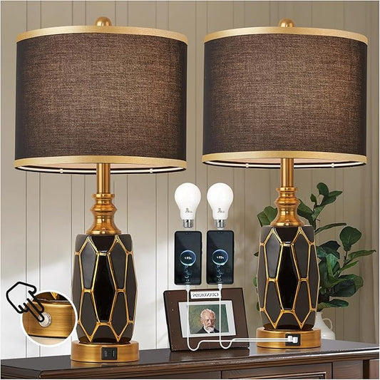Set of 2 Touch Control Table Lamps for Bedroom Livingroom,Modern Ceramic Table Lamp with USB Ports,Bedside Nightstand Lamp with Fabric Drum Lampshade,Blubs Included (Black)