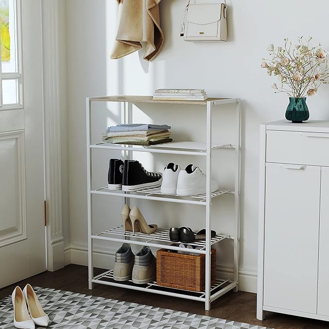 Yusong Shoe Rack Organizer, 5 Tier Industrial Shoe Storage Shelf, Narrow Sturdy Metal Shoe Shelves for Closet Entryway, White