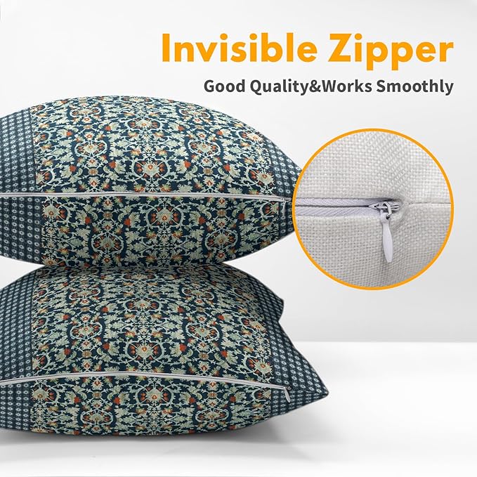 Kawani Antique Pillow Covers 18x18 Inch Vintage Floral Block Print Blue Red Decorative Throw Pillow Covers Set of 2 Retro Turkish Pillowcases for Couch Indoor Outdoor Home Decor