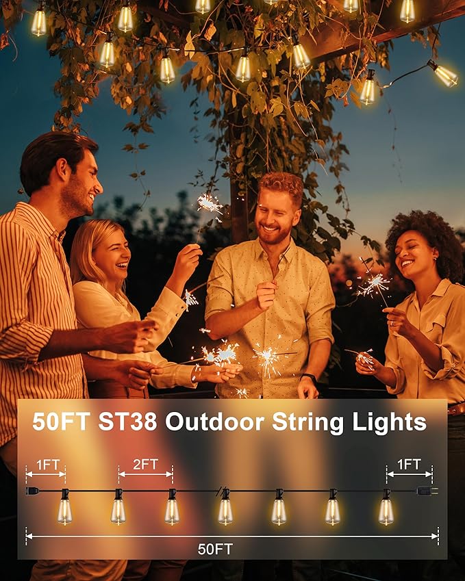 Outdoor String Lights - 50FT LED Patio Lights with 27 Shatterproof Waterproof Bulbs, Connectable Dimmable Edison IP65 ST38 Outside Lights for Garden, Balcony, Porch, Backyard, Deck, Home Decor