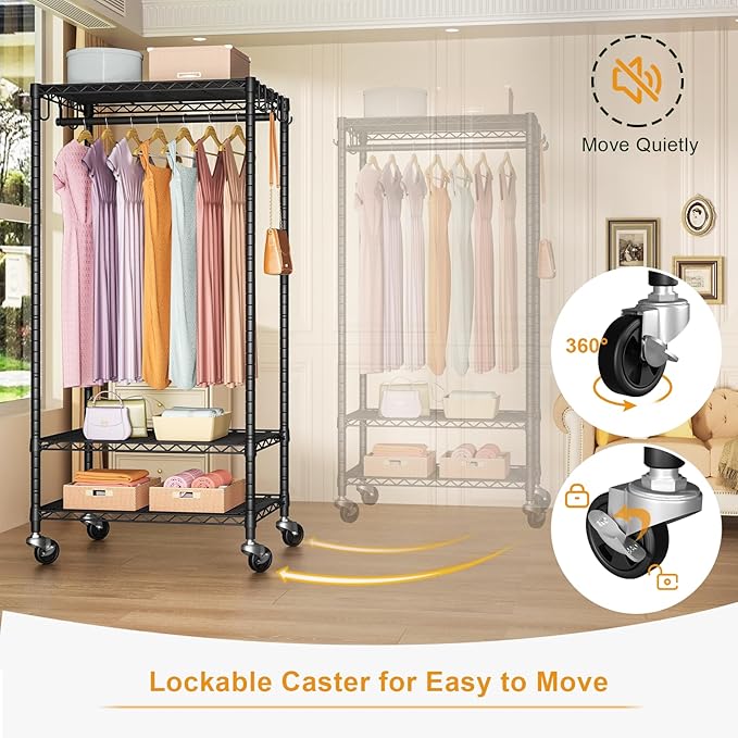 FUTASSI P6 Medium Rolling Clothes Rack Heavy Duty, Clothing Racks for Hanging Clothes, Freestanding Garment Rack with Wheels, Portable Closet Rack Max Load 370 LBS, 30''W x 14''D x 77.6''H, Black