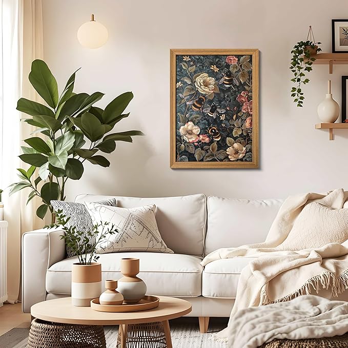 AKWISH Framed 3D Textured Vintage Wall Art - Dark Academia Bumble Bee Hand Drawn Sandstone Paintings with Botanical Florals, Aesthetic Wall Decor for Living Room Bedroom Home 12x16 inch