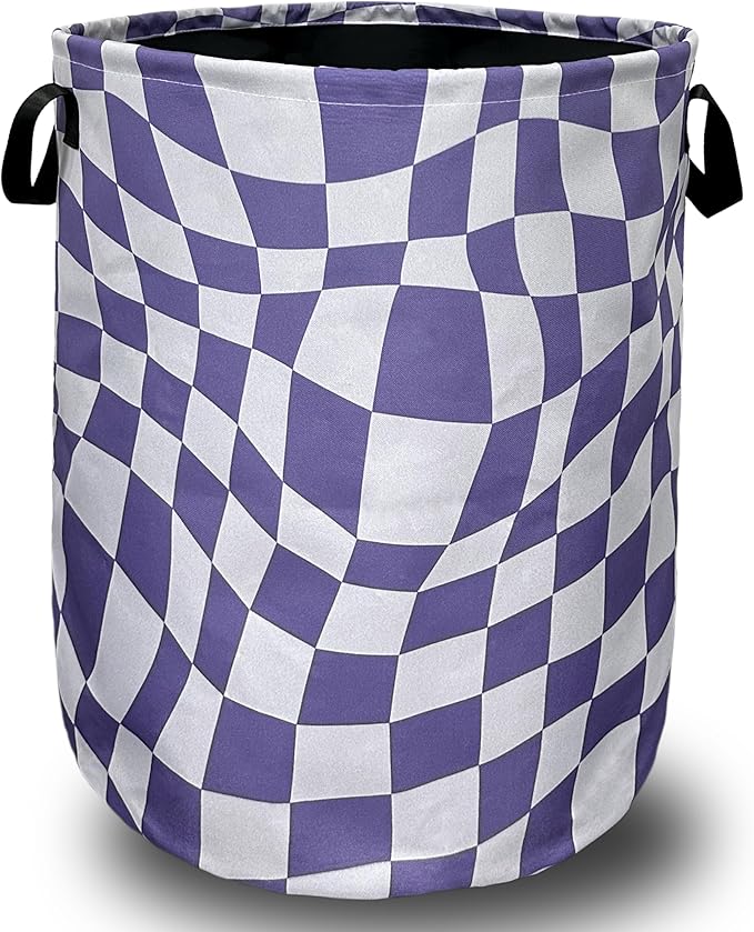 Purple Checkerboard Laundry Basket Foldable With Handles Tote Bag Oxford Cloth Colorful Plaid Laundry Hamper 18.9"x1 6.5" Clothes Storage Bucket Toy Organizer For Bathroom/Laundry/Bedroom