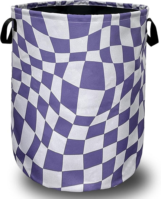 Purple Checkerboard Laundry Basket Foldable With Handles Tote Bag Oxford Cloth Colorful Plaid Laundry Hamper 18.9"x1 6.5" Clothes Storage Bucket Toy Organizer For Bathroom/Laundry/Bedroom