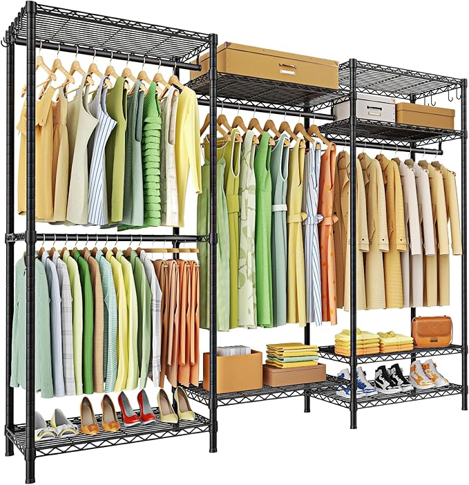 Ulif E13 Heavy Duty Clothes Rack（With 4 Hanger Rods & 8 Shelves） Freestanding Clothing Racks for Hanging Clothes，Adjustable Closet Organizer，Metal Garment Rack 63" W x16 D x77 H，Max Load 900LBS，Black