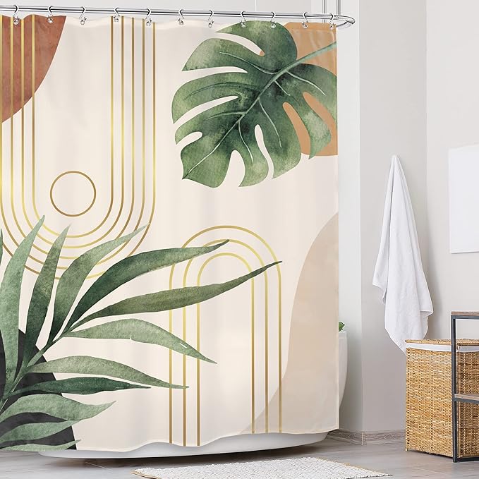 Glawry Boho Sage Green Shower Curtain 60Wx72L Inches, Abstract Bohemian Mid Century Bathroom Curtains, Plant Botanical Palm Leaf Cute Decor Fabric Shower Curtain Set Bathroom Rugs Waterproof 12 Hooks