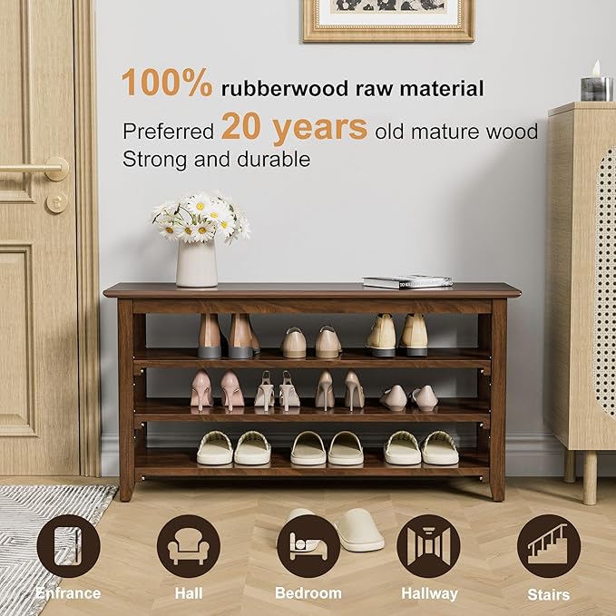 Wooden Storage Shoe Bench, Entryway Bench with 3-Tiers Height Adjustable, Shoe Rack Front Doors Entrances for Hallway Living Room,Mudrooms (Brown,39.4")