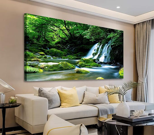 arteWOODS Waterfall Canvas Wall Art Living Room Decoration Large Nature Picture Artwork Modern Landscape Painting Green Forest Prints for Kitchen Office Wall Decor Home Decorations 29" x 58"
