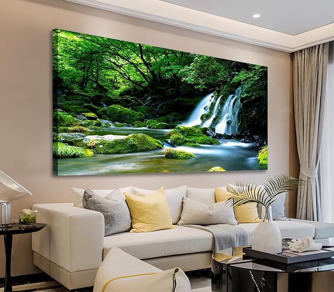 Waterfall Canvas Wall Art Living Room Decoration Large Nature Picture Artwork Modern Wall Art Landscape Green Forest for Kitchen Office Wall Decor Home Decorations Framed Ready to Hang 20" x 40"