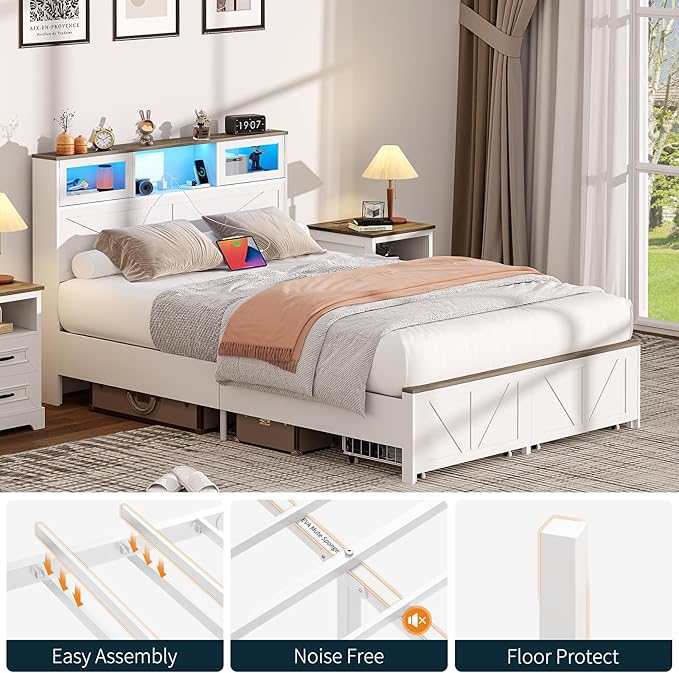 Yoobure Farmhouse Full Size Bed Frame with Headboard, Full Bed Frame with Charging Station & LED Lights, Platform Beds with 2 Storage Drawer, Wood Bedframe, Noise Free, No Box Spring Needed, White