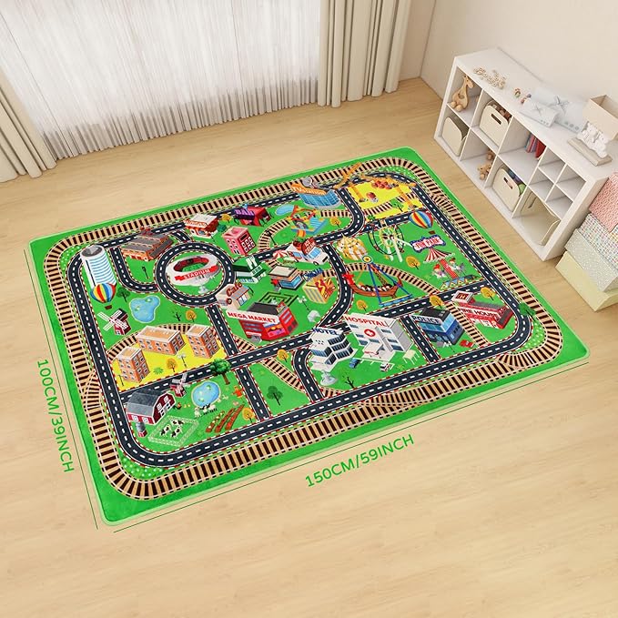 Kids Rug Play Mat for Toy Cars, City Life 3D Road Traffic 39.4"×59" for Playroom Kid Car Road Rug City Map Play Mat Non-Slip Washable Classroom Carpet for Toddlers BoyTummy Time Playtime