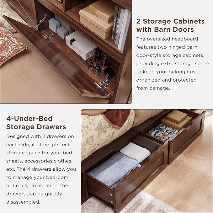 ACCOHOHO Farmhouse Queen Size Bed Frame with 52" Tall Storage Headboard and LED Light,Wood Platform Bed Frame with 4 Drawers and Charging Station,Solid Wood Slats Support,No Box Spring Needed,Brown