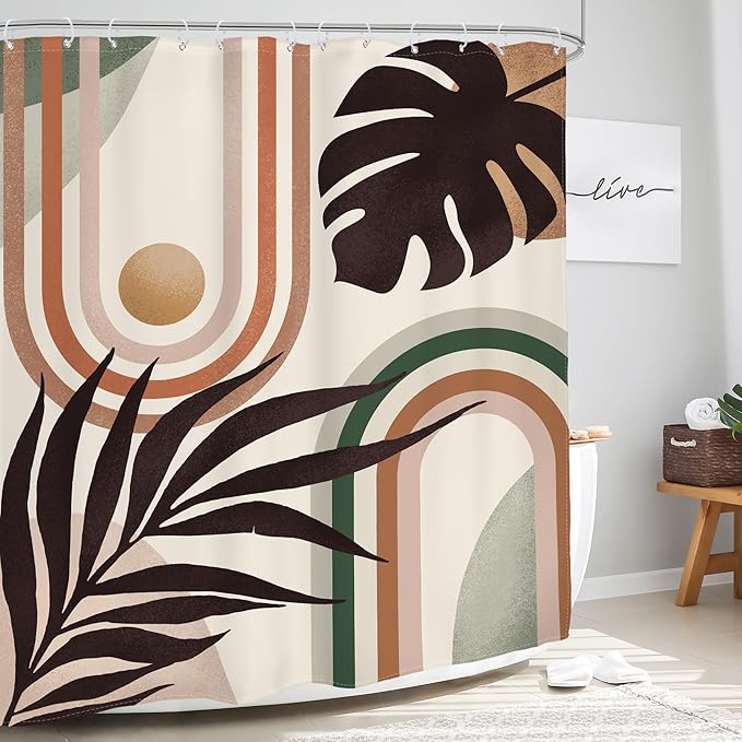 Glawry Boho Mid Century Shower Curtain Abstract Tropical Plant Minimalist Bohemian Botanical Palm Leaf Bathroom Modern Geometric 60Wx72L Inches Bath Accessories Art Home Decor Fabric 12 Pack Hooks…