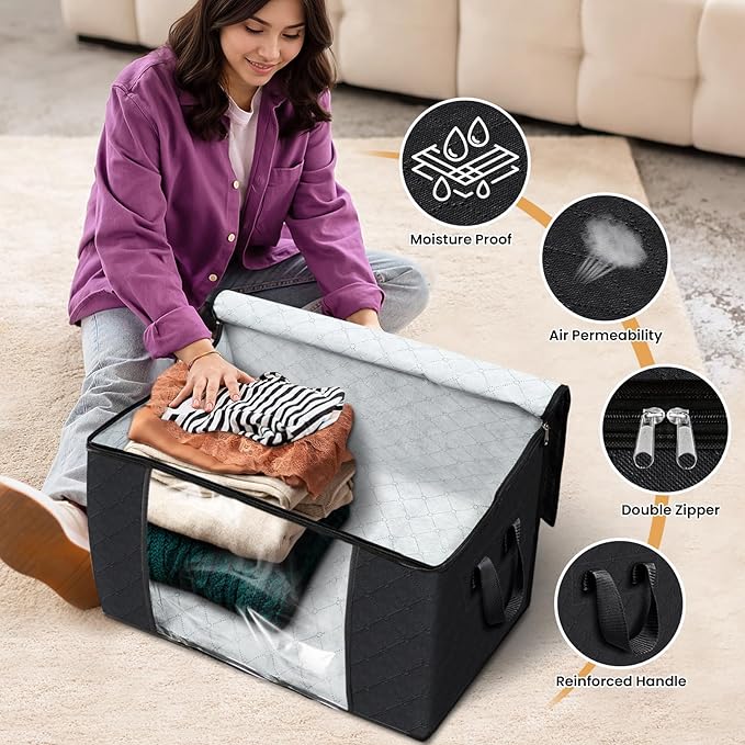 Fab totes 90L Clothes Storage, Foldable Thick Fabric Blanket Storage Bags, Containers for Organizing Bedroom, Closet, Clothing, Comforter, Organization with Handle (6 Pack,Black)