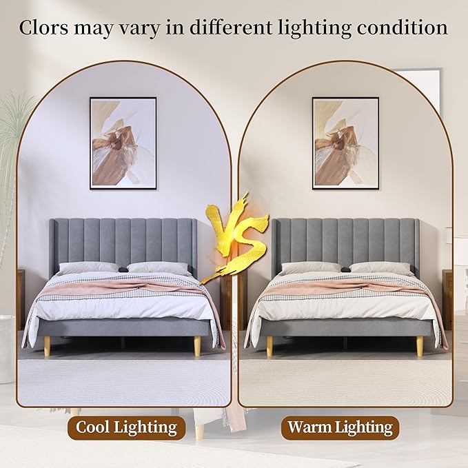 Full Size Upholstered Platform Bed Frame with Modern Wingback & Vertical Panel Headboard, Velvet Fabric, Wooden Legs & Slats Support, No Box Spring Needed, Noise-Free & Easy Assembly, Grey