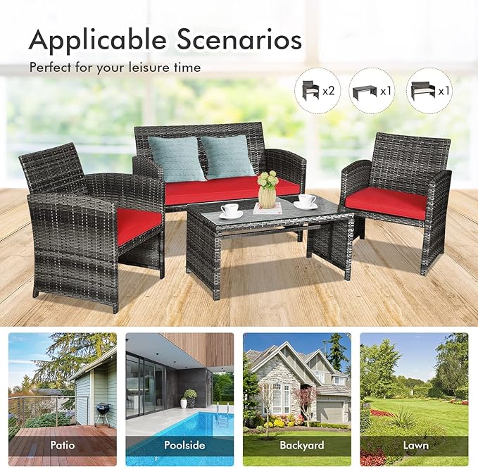 Goplus 4-Piece Rattan Patio Furniture Set, Outdoor Wicker Conversation Sofa with Weather Resistant Cushions and Tempered Glass Tabletop for Lawn Backyard Pool Garden (Red)