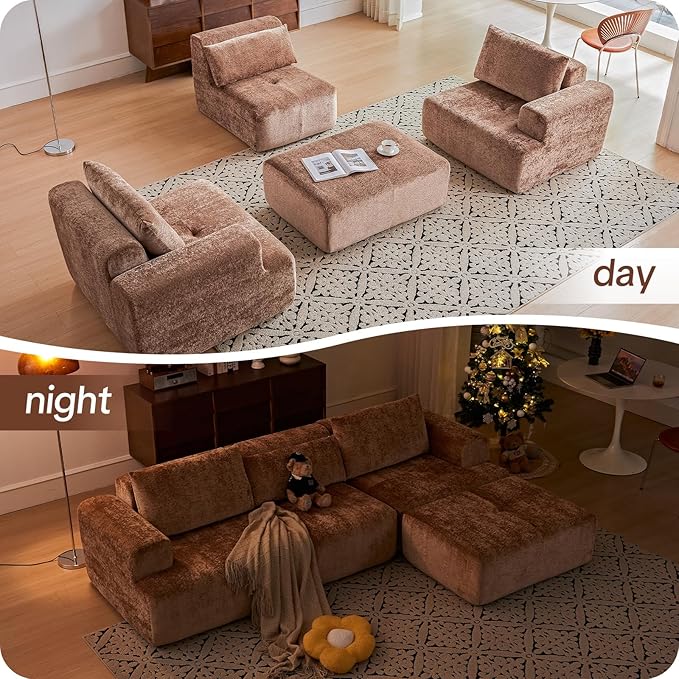 108" Modular Sectional Sofa - L-Shape Chaise, Modern Modular Cloud Couch with Deep Seat and Pillow, Boneless Couch Comfy Sofa for Living Room & Apartment, No Assembly(Camel)