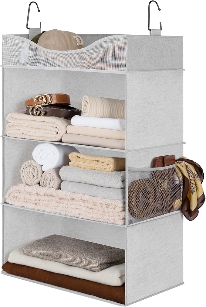 StorageWorks Hanging Closet Organizer, 3-Shelf Hanging Closet Shelves with Top Shelf, 19 ¾"W x 12" D x 31" H, Extra-Large Space, Light Grey