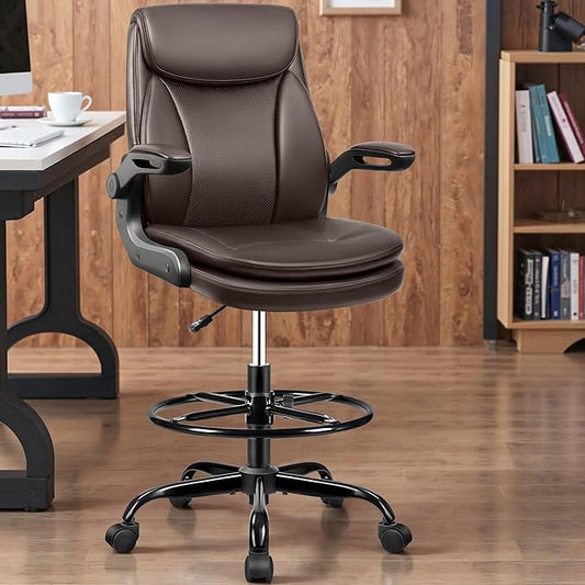 Drafting Chair Tall Office Chair Leather Executive Office Chair with Adjustable Foot Ring Flip Up Armrest - Comfy Ergonomic Desk Chairs with Lumbar Support for Office Home Studio - Brown