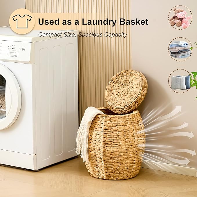 Round Wicker Basket with Lid, Handwoven Hyacinth Storage Basket, Blanket Organizer Basket for Laundry, Bathroom, Bedroom, Living Room, Office