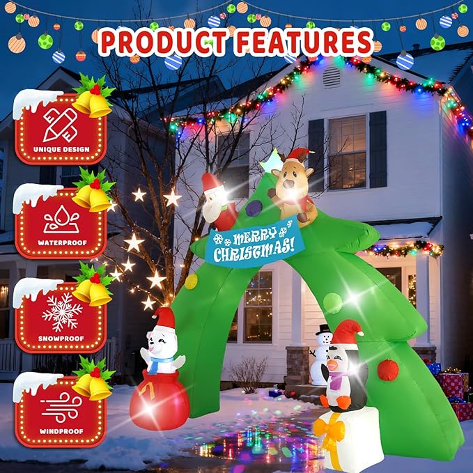 12FT Christmas Tree Arch Inflatable Decoration, Built-in LED Lights and Rotating Colored Lights, Suitable for Christmas Lawns, Gardens, Courtyards Outdoor Inflatable Decoration