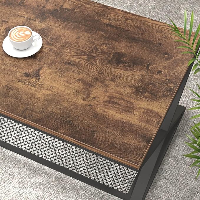 LVB Rustic Coffee Table, Industrial Metal Wood 2 Tier Cocktail Tea Table with Storage for Living Room, Farmhouse Wooden Rectangle Center Table with Mesh Shelf for Office Bedroom, 39 inch, Rustic Brown