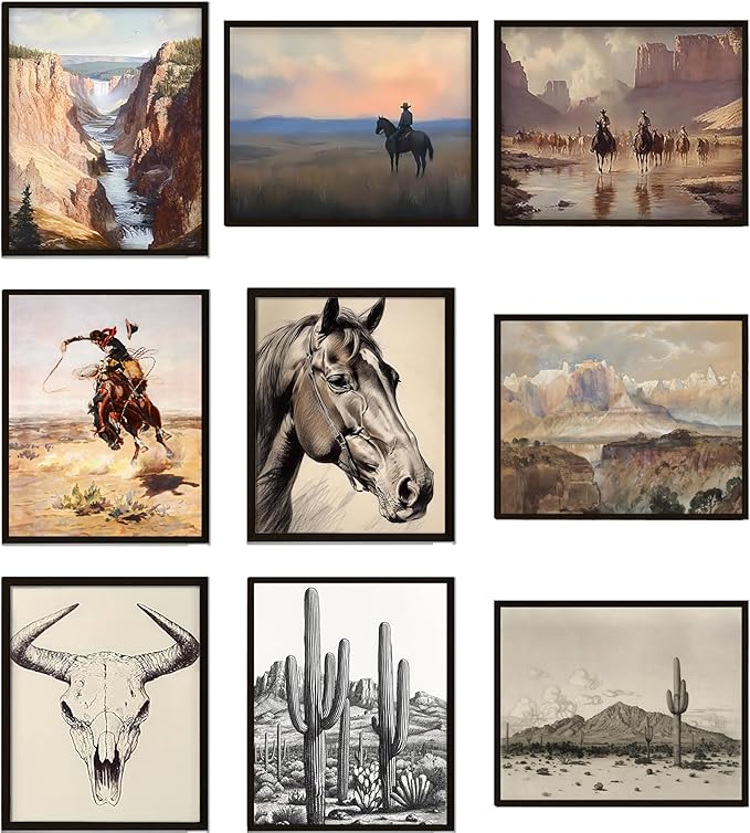SEHSUVC Western Wall Art Set of 9, Cowboy Horse Cactus Skull Desert Landscape Canvas Prints, Southwestern Rustic Vintage Posters for Living Room Bedroom Office Home Decor 8x10 Inch Unframed
