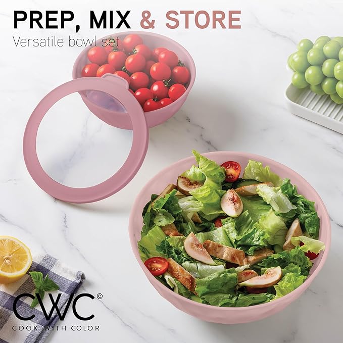 COOK WITH COLOR Mixing Bowls with Lids - 12 Piece Plastic Nesting Bowls Set includes 6 Prep Bowls and 6 Lids, Diamond Design - Microwave Safe (Mint)