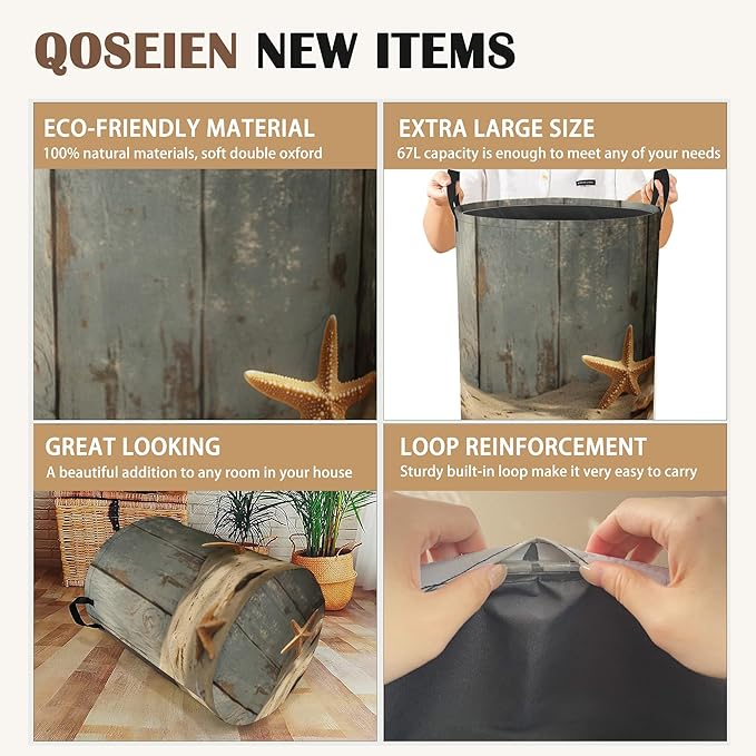 Large Laundry Basket,Sand Starfish Collapsible Laundry Baskets,Wood Board Waterproof Oxford Hamper with Handles for Bathroom Bedroom Nursery Home Storage 16"x20"