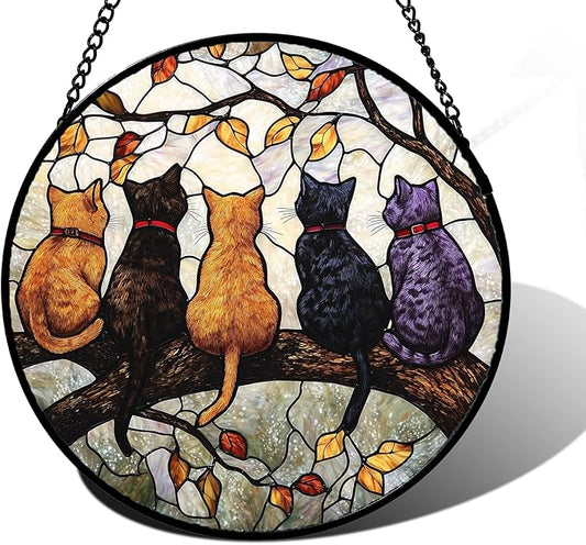 Stained Glass Window Hanging - 5 Cats on a Branch Suncatcher for Window Doors Home Decoration and Christmas, Mother's Day Father's Day Birthday Gifts for Women, Men, and Mom 11.8x11.8 in