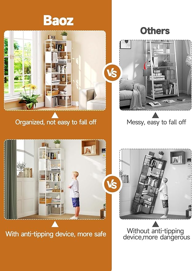 Baoz 7-Tier Corner Shelf- L Shape Corner Bookshelf with Storage- Wood Metal Bookcase Open Floor Stand Shelf Tall Decorative Display Storage Organizer in Living Room/Bedroom/Home/Office (White)