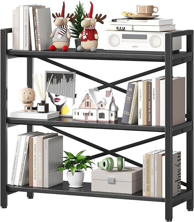 Homeiju 3 Tier Bookshelf 31.49" Width, Wood and Metal Etagere Bookcase, Vintage Farmhouse Modern Wooden Big Book Shelf for Home Living Room Bedroom Office Storage(Black)