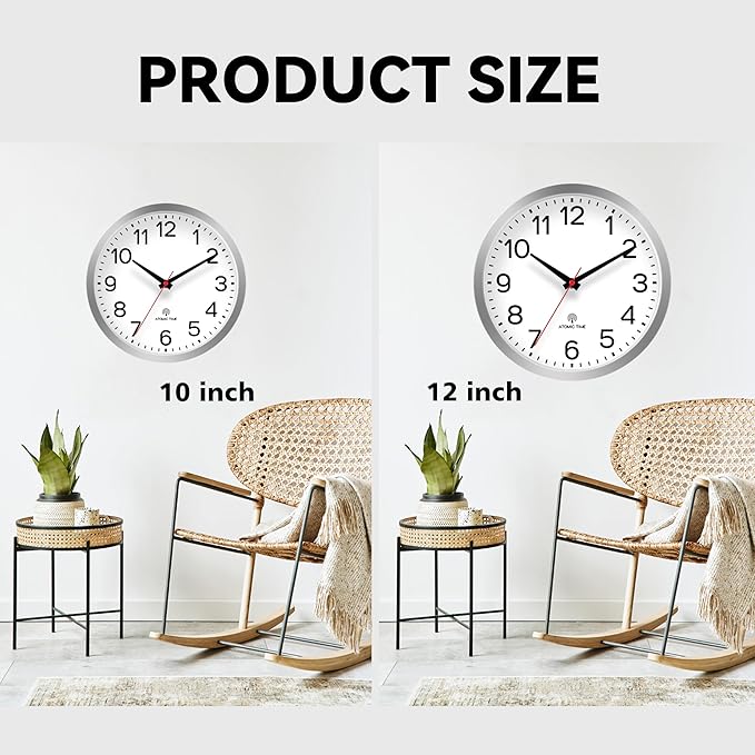 AKCISOT Atomic 12 Inch Wall Clock Analog Clocks for Indoor Kitchen, Battery Operated Clock for Bedroom Office Classroom Living Room(Silver)