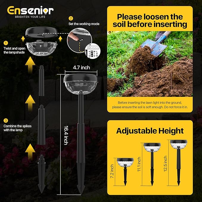 Ensenior 8-Pack Solar Lights Outdoor, Auto ON/Off 3000K LED Solar Garden Lights for Pathway, Yard, Patio, Walkway, Flower Bed, Waterproof, Energy-Efficient Landscape Lighting, Adjustable Height