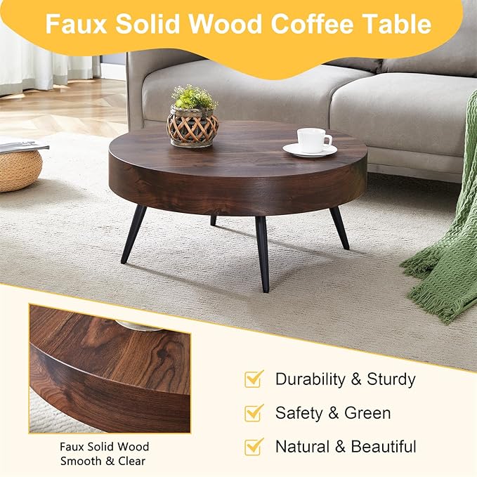 31.5'' Round Coffee Table for Living Room, Wood Texture Table Top, Black Metal Table Legs Tea Table for Dining Room Apartment Small Space (Black,Walnut)