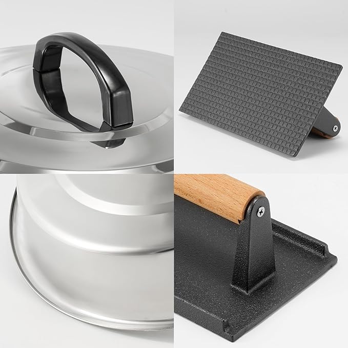 BBQ Accessories 12 Inch Round Stainless Steel Basting Cover - Cheese Melting Dome Rectangle Cast Iron Grill Press Kit for Hamburger Bacon Steak, Best for Blackstone Camp Chef Flat Top Griddle Grill