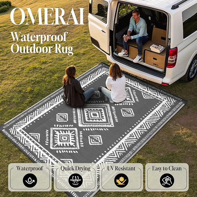 OMERAI Reversible Waterproof Outdoor Rug for Backyard,Plastic Textured Resistant Outdoors Rugs,Portable Washable Easy Cleaning Foldable Camping Beach Carpet for Patio Courtyard, 6'x9' Gray & White