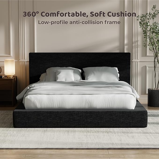 RECCI Cloud Upholstered King Bed Frame with Headboard, 5 Inch Foam Padded Platform, No Box Spring, Easy Assembly (Onyx)