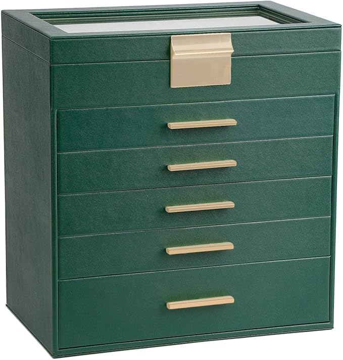 BOOVO Jewelry Box for Women, Green 6 Layer Large Jewelry Organizer with Glass Lid for Necklace, Bracelet, Earrings Storage, Jewelry Organizers and Storage for Girls Gift (Green and Gold, 6 layer)