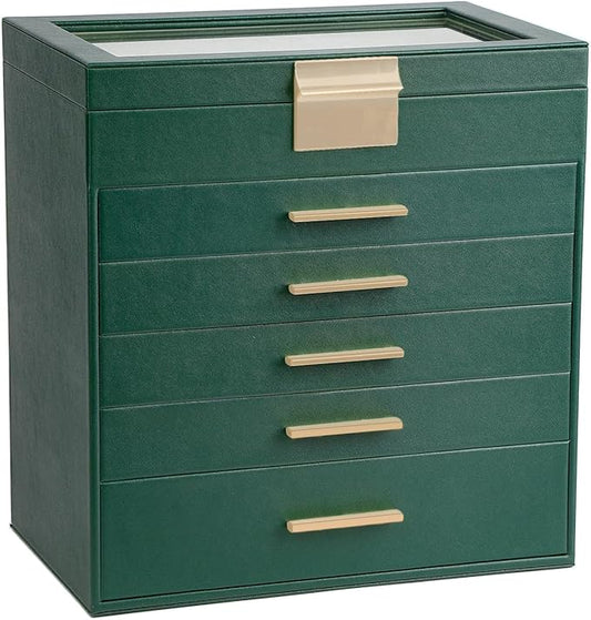 BOOVO Jewelry Box for Women, Green 6 Layer Large Jewelry Organizer with Glass Lid for Necklace, Bracelet, Earrings Storage, Jewelry Organizers and Storage for Girls Gift (Green and Gold, 6 layer)
