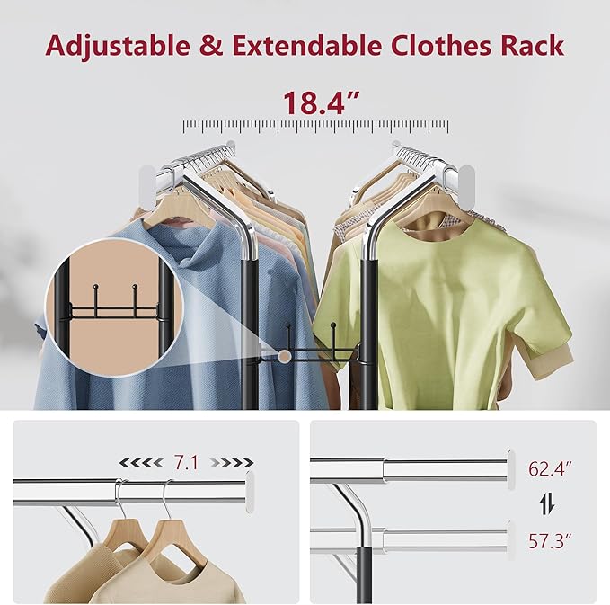 Tajsoon Double Rod Clothes Rack Load 480 LBS, Heavy Duty Rolling Garment Rack with Wheels, Collapsible Clothing Rack for Hanging Clothes, Commercial Adjustable Clothes Rack with Shelf, Black