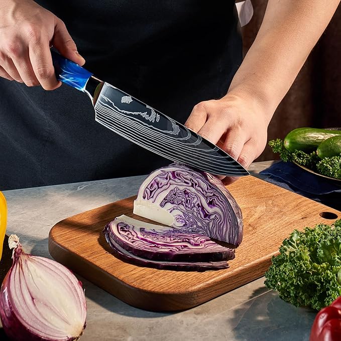 SENKEN 8-Piece Japanese Knife Set - Blue Resin Handle, Laser Damascus Blades - Chef's, Santoku, Bread & Paring Knives
