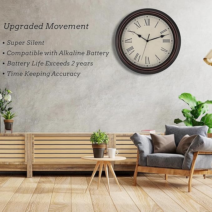 Foxtop 14 Inch Roman Numerals Wall Clock Battery Operated Silent Non-Ticking Round Classic Vintage Retro Wall Clock Decorative for Living Room Kitchen Home Office (Bronze)