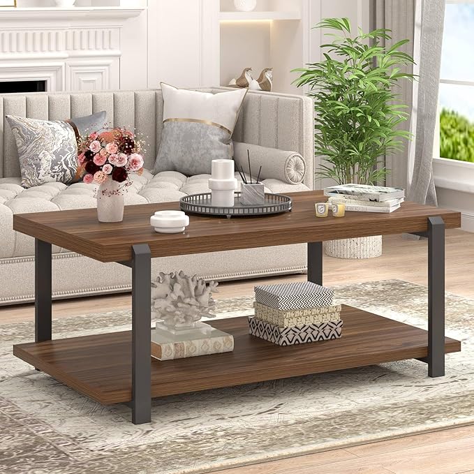 FOLUBAN Modern Coffee Table with Storage Shelf, Rustic Wood Center Table for Living Room, Walnut
