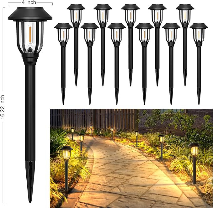 12 Pack Solar Lights Outdoor, Solar Pathway Lights Waterproof Auto On/Off Powered, Warm White Landscape Lighting for Path, Yard, Walkway, Driveway, Garden 3000K