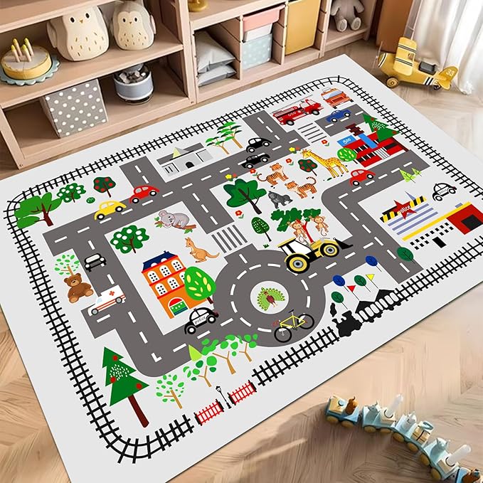 Kids Car Playmat, Kids Rug for Playroom Car Mat Town City Road Traffic Rugs, Play Mat for Floor, Extra Large Boys Kid Car Track Play Rug (Style Five, 59X 39.4 INCH)