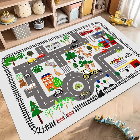 Kids Car Playmat, Kids Rug for Playroom Car Mat Town City Road Traffic Rugs, Play Mat for Floor, Extra Large Boys Kid Car Track Play Rug (Style Five, 59X 39.4 INCH)