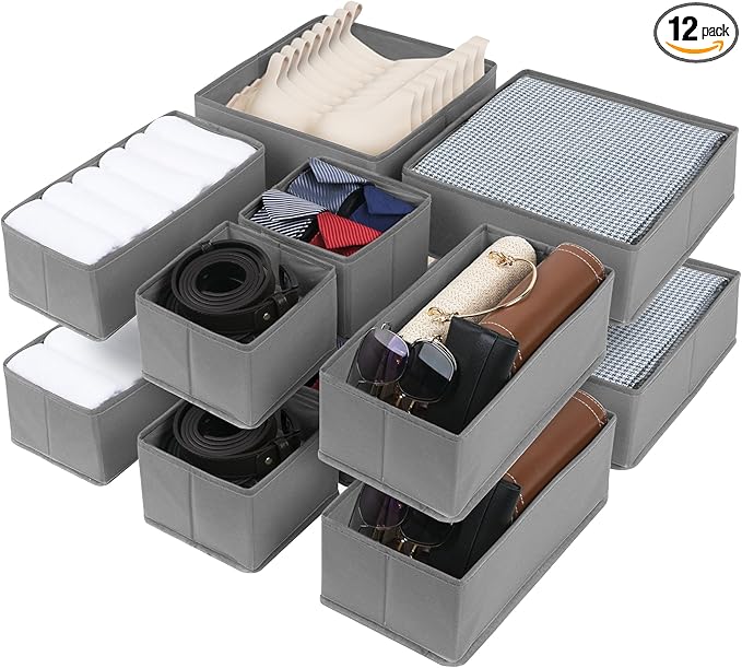 Cupic Cupid Drawer Organizer, Dresser Organizers, Foldabe Drawer Organizer Clothes, Closet Organization and Storage Dividers for Socks, Underwear and Diaper, Set of 12, Gray