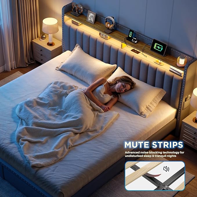 EnHomee King Size Bed Frame with 2 Storage Drawers, Upholstered Platform Bed with LED Lights and Charging Station, Sturdy Wooden Slats Support, No Box Spring Needed, Noise Free, Grey